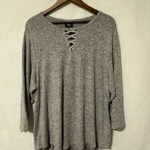 Bobeau Heather Gray Lace-Up Long Sleeve Top